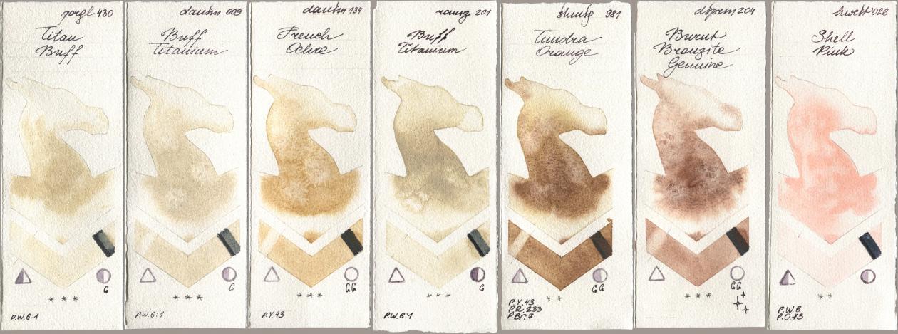 Golden QOR 430 Titan Buff, Daniel Smith 009 Buff Titanium, 134 French Ochre, Roman Szmal Aquarius 201 Buff Titanium, Shminke Horadam Aquarell 981 Tundra Orange, 204 Burnt Bronzite Genuine, Holbein Artists Watercolor 026 Shell Pi watercolor swatch