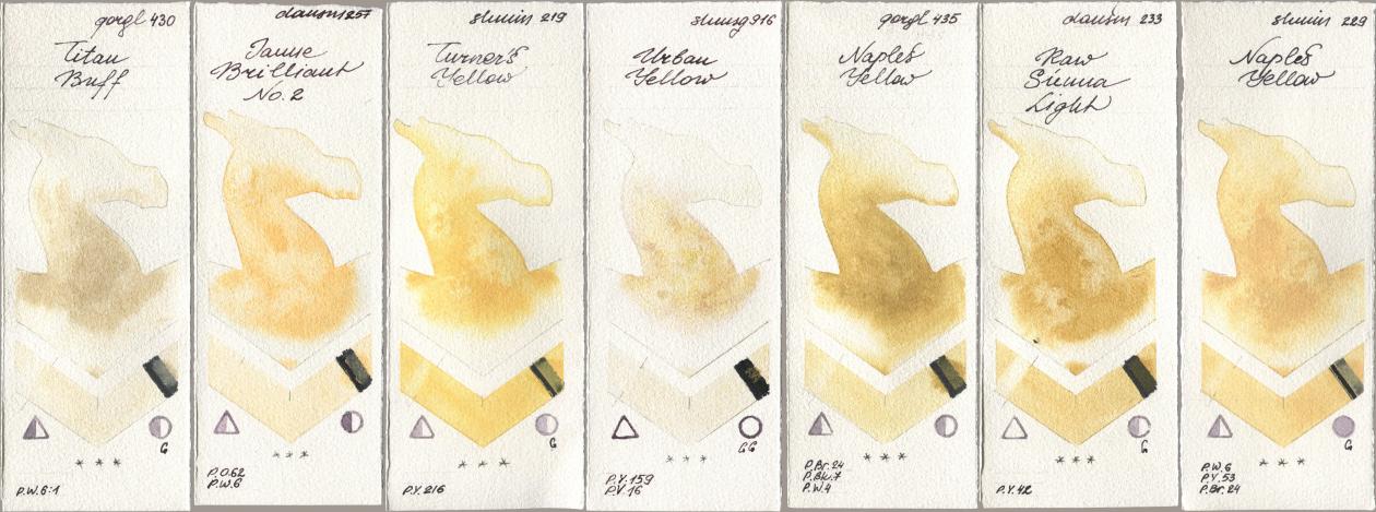 Golden QOR 430 Titan Buff, Daniel Smith 257 Jaune Brilliant No 2, Shminke Horadam Aquarell 219 Turner‘s Yellow, 916 Urban Yellow, 435 Naples Yellow, 233 Raw Sienna Light, 229 Naples Yell watercolor swatch