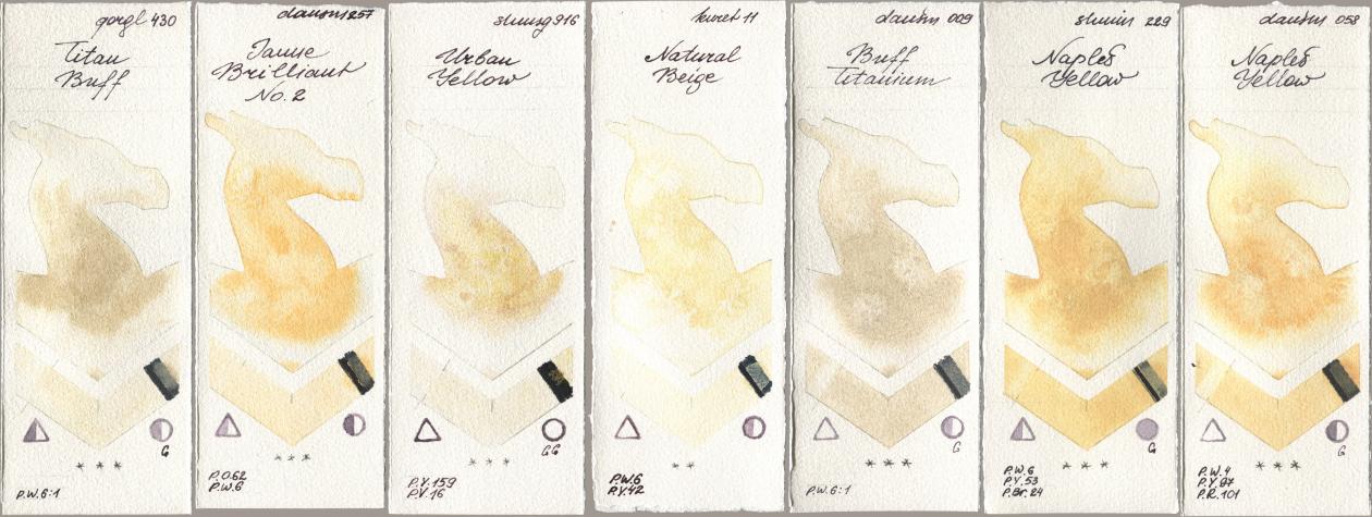 Golden QOR 430 Titan Buff, Daniel Smith 257 Jaune Brilliant No 2, Shminke Horadam Aquarell 916 Urban Yellow, Kuretake Gansai Tambi 011 Natural Beige, 009 Buff Titanium, 229 Naples Yellow, 058 Naples Yell watercolor swatch