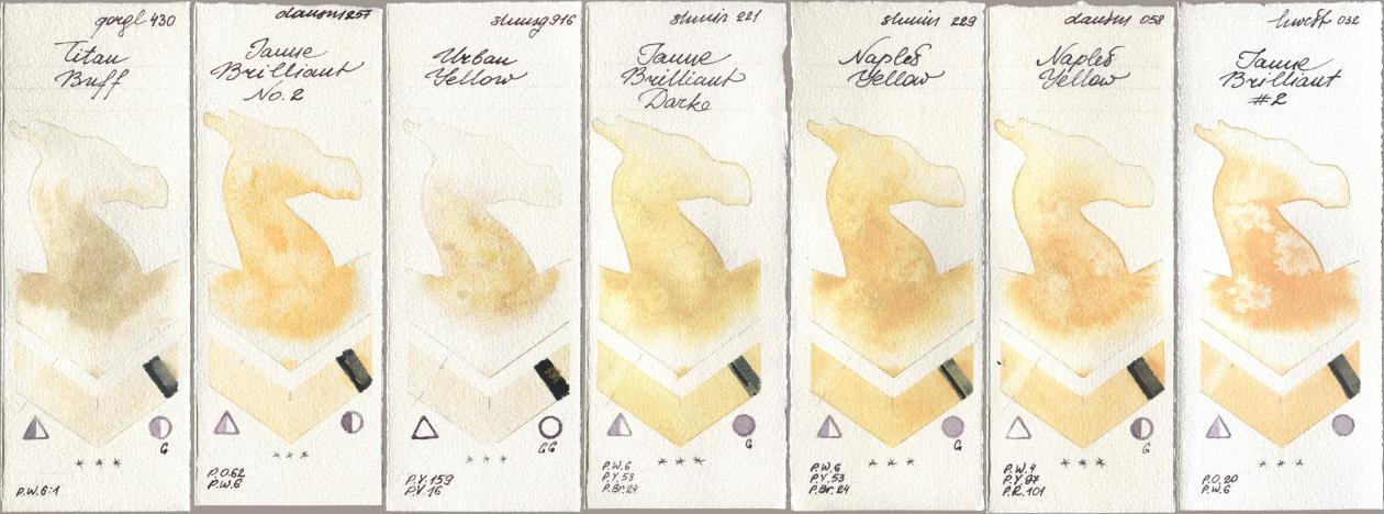 Golden QOR 430 Titan Buff, Daniel Smith 257 Jaune Brilliant No 2, Shminke Horadam Aquarell 916 Urban Yellow, 221 Brilliant Yellow Dark (Jaune Brilliant Dark), 229 Naples Yellow, 058 Naples Yellow, Holbein Artists Watercolor 032 Jaune Brillant No watercolor swatch
