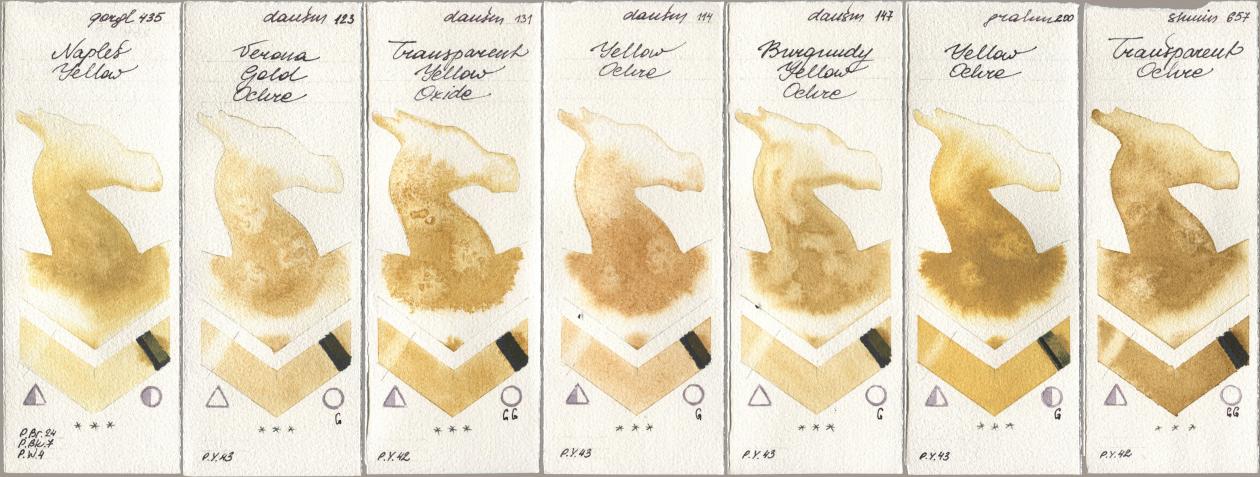Golden QOR 435 Naples Yellow, Daniel Smith 123 Verona Gold Ochre, 131 Transparent Yellow Oxide, 114 Yellow Ochre, 147 Burgundy Yellow Ochre, M. Graham & Co. Artists 200 Yellow Ochre, Shminke Horadam Aquarell 657 Transparent Och watercolor swatch