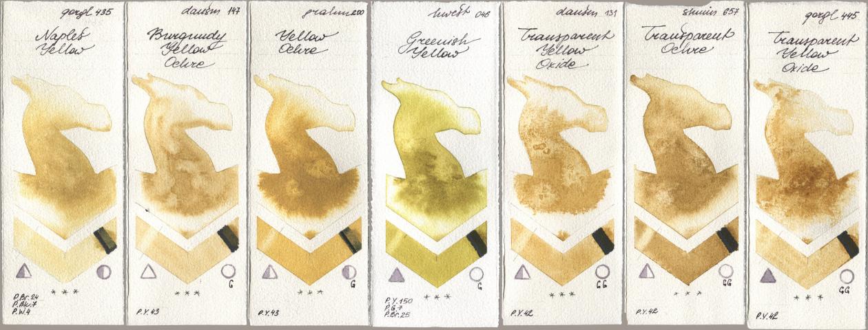 Golden QOR 435 Naples Yellow, Daniel Smith 147 Burgundy Yellow Ochre, M. Graham & Co. Artists 200 Yellow Ochre, Holbein Artists Watercolor 046 Greenish Yellow, 131 Transparent Yellow Oxide, Shminke Horadam Aquarell 657 Transparent Ochre, 445 Transparent Yellow Oxi watercolor swatch