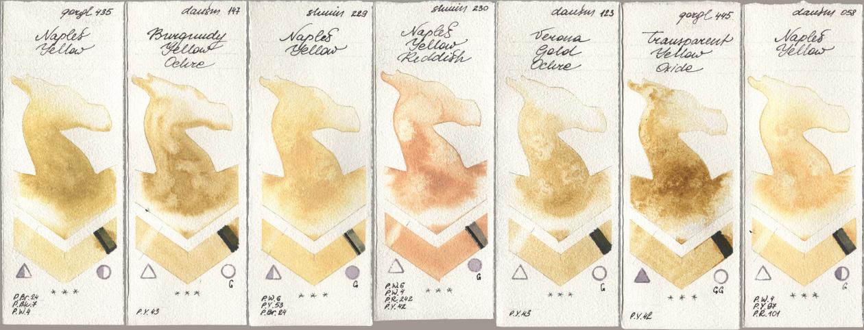 Golden QOR 435 Naples Yellow, Daniel Smith 147 Burgundy Yellow Ochre, Shminke Horadam Aquarell 229 Naples Yellow, 230 Naples Yellow Reddish, 123 Verona Gold Ochre, 445 Transparent Yellow Oxide, 058 Naples Yell watercolor swatch