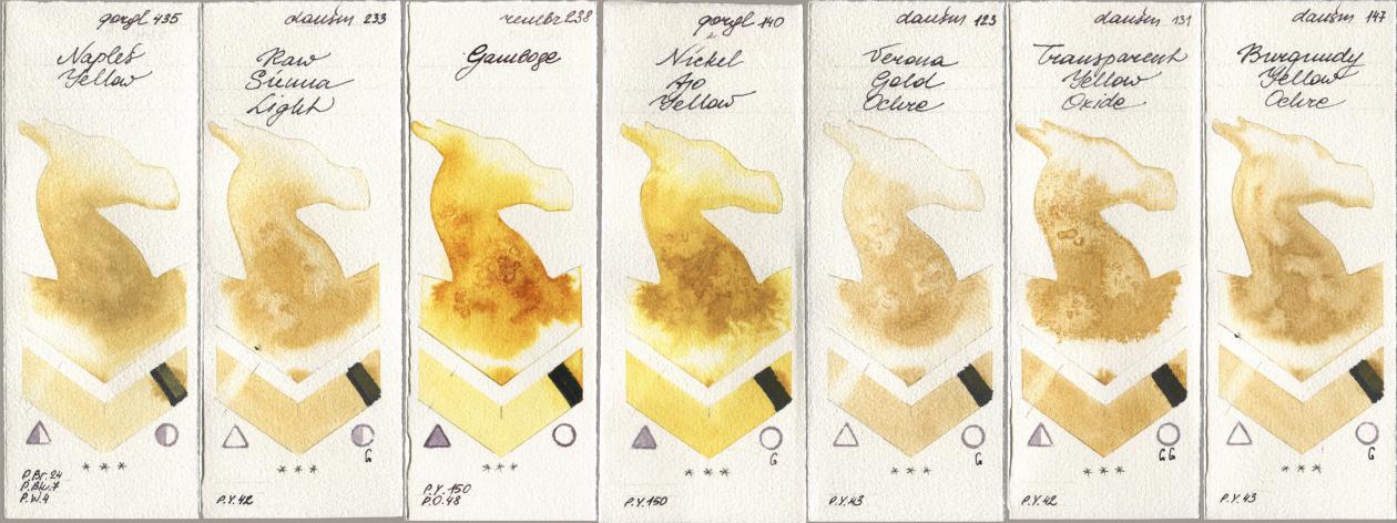 Golden QOR 435 Naples Yellow, Daniel Smith 233 Raw Sienna Light, Royal Talens Rembrandt Watercolour 238 Gamboge, 140 Nickel Azo Yellow, 123 Verona Gold Ochre, 131 Transparent Yellow Oxide, 147 Burgundy Yellow Och watercolor swatch
