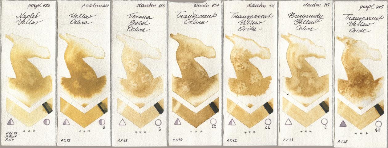 Golden QOR 435 Naples Yellow, M. Graham & Co. Artists 200 Yellow Ochre, Daniel Smith 123 Verona Gold Ochre, Shminke Horadam Aquarell 657 Transparent Ochre, 131 Transparent Yellow Oxide, 147 Burgundy Yellow Ochre, 445 Transparent Yellow Oxi watercolor swatch