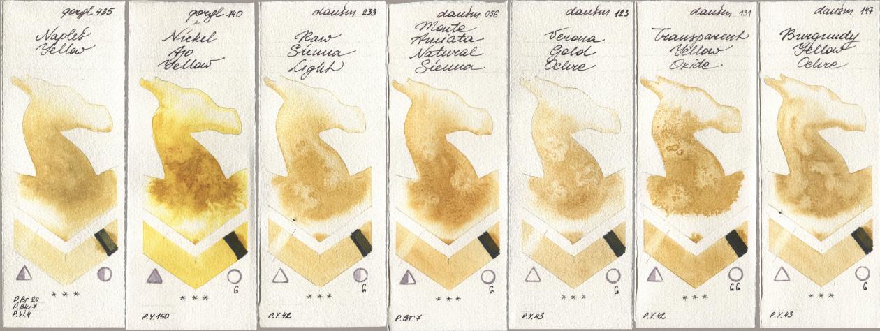 Golden QOR 435 Naples Yellow, 140 Nickel Azo Yellow, Daniel Smith 233 Raw Sienna Light, 056 Monte Amiata Natural Sienna, 123 Verona Gold Ochre, 131 Transparent Yellow Oxide, 147 Burgundy Yellow Och watercolor swatch