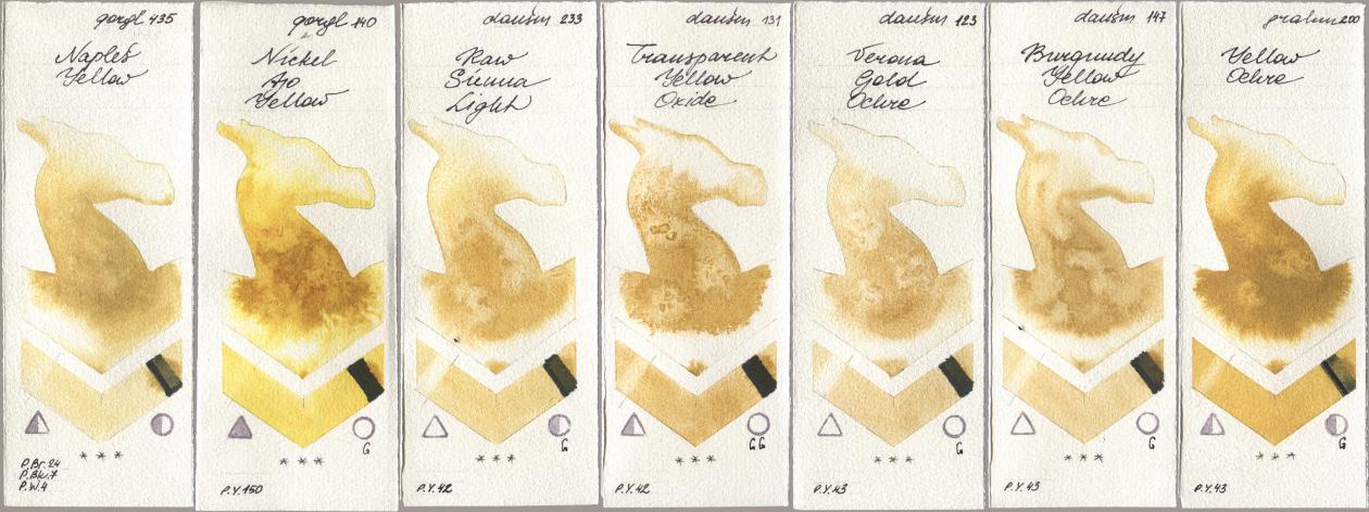 Golden QOR 435 Naples Yellow, 140 Nickel Azo Yellow, Daniel Smith 233 Raw Sienna Light, 131 Transparent Yellow Oxide, 123 Verona Gold Ochre, 147 Burgundy Yellow Ochre, M. Graham & Co. Artists 200 Yellow Och watercolor swatch
