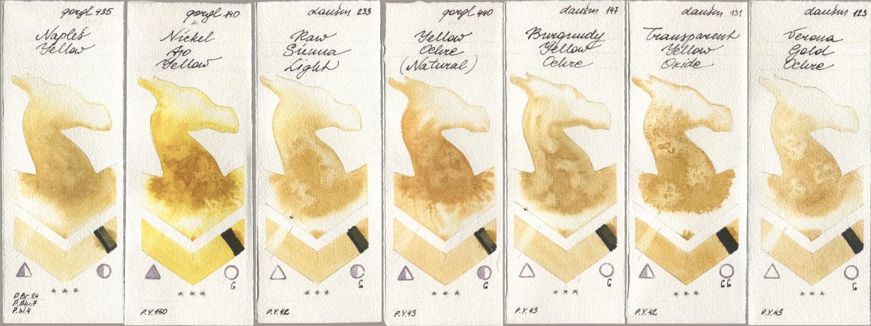 Golden QOR 435 Naples Yellow, 140 Nickel Azo Yellow, Daniel Smith 233 Raw Sienna Light, 440 Yellow Ochre (Natural), 147 Burgundy Yellow Ochre, 131 Transparent Yellow Oxide, 123 Verona Gold Och watercolor swatch