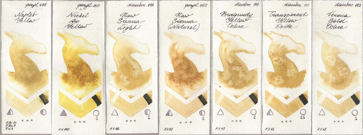 Golden QOR 435 Naples Yellow, 140 Nickel Azo Yellow, Daniel Smith 233 Raw Sienna Light, 450 Raw Sienna (Natural), 147 Burgundy Yellow Ochre, 131 Transparent Yellow Oxide, 123 Verona Gold Och watercolor swatch