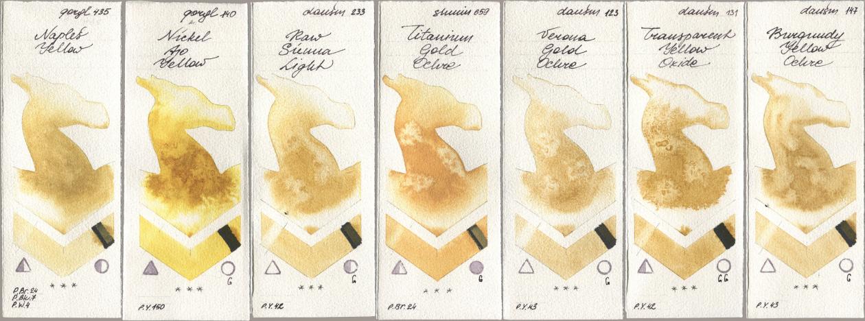 Golden QOR 435 Naples Yellow, 140 Nickel Azo Yellow, Daniel Smith 233 Raw Sienna Light, Shminke Horadam Aquarell 659 Titanium Gold Ochre, 123 Verona Gold Ochre, 131 Transparent Yellow Oxide, 147 Burgundy Yellow Och watercolor swatch