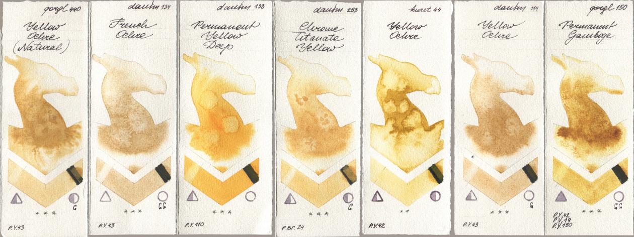 Golden QOR 440 Yellow Ochre (Natural), Daniel Smith 134 French Ochre, 133 Permanent Yellow Deep, 253 Chrome Titanate Yellow, Kuretake Gansai Tambi 044 Yellow Ochre, 114 Yellow Ochre, 150 Permanent Gambo watercolor swatch