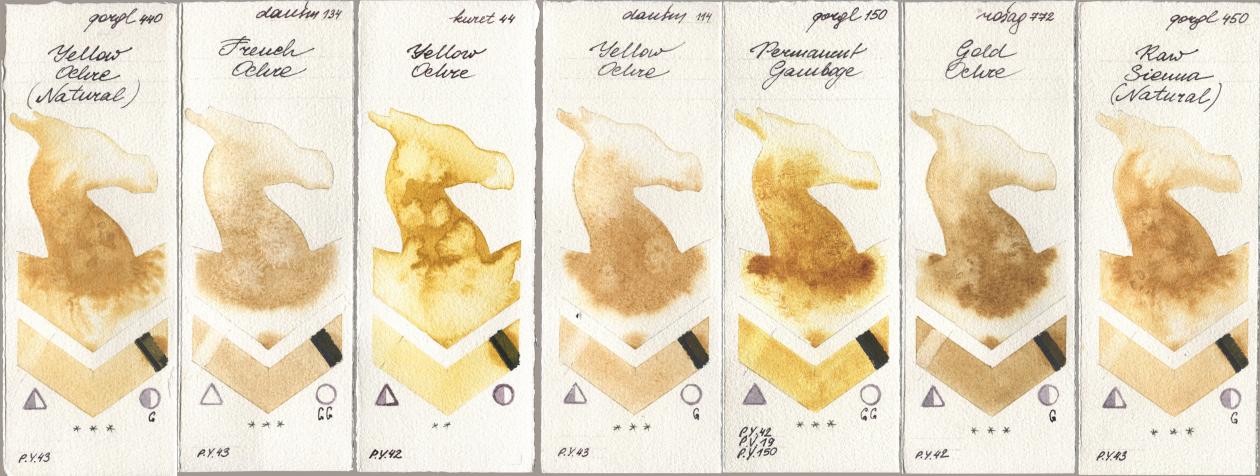 Golden QOR 440 Yellow Ochre (Natural), Daniel Smith 134 French Ochre, Kuretake Gansai Tambi 044 Yellow Ochre, 114 Yellow Ochre, 150 Permanent Gamboge, Rosa Gallery 772 Gold Ochre, 450 Raw Sienna (Natura watercolor swatch