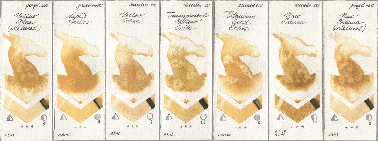 Golden QOR 440 Yellow Ochre (Natural), M. Graham & Co. Artists 121 Naples Yellow, Daniel Smith 114 Yellow Ochre, 131 Transparent Yellow Oxide, Shminke Horadam Aquarell 659 Titanium Gold Ochre, 660 Raw Sienna, 450 Raw Sienna (Natura watercolor swatch