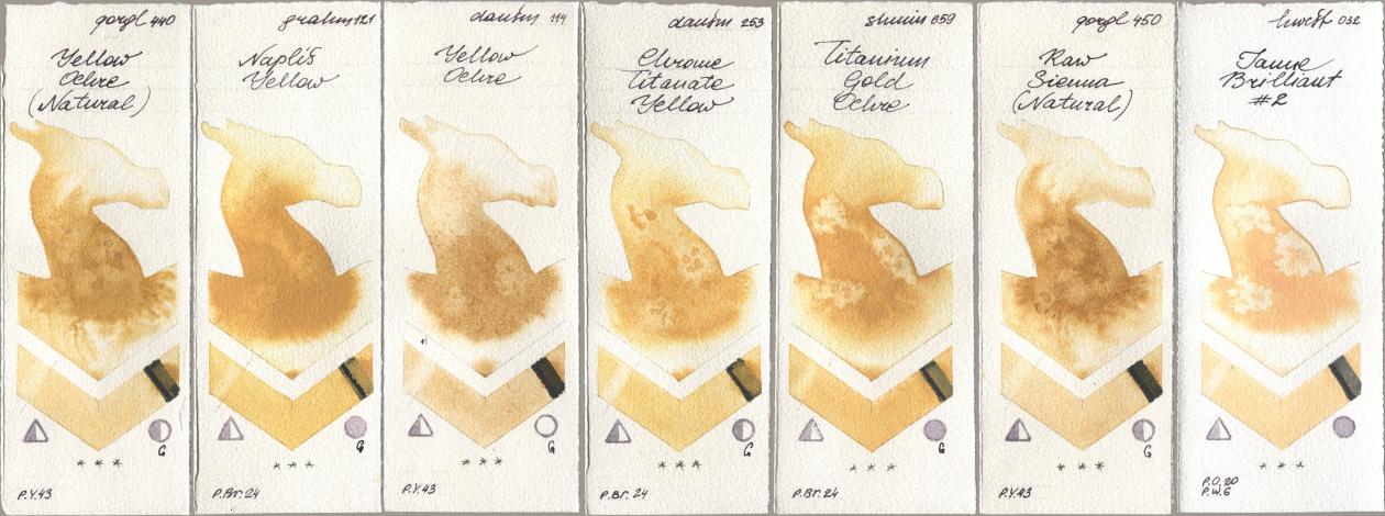 Golden QOR 440 Yellow Ochre (Natural), M. Graham & Co. Artists 121 Naples Yellow, Daniel Smith 114 Yellow Ochre, 253 Chrome Titanate Yellow, Shminke Horadam Aquarell 659 Titanium Gold Ochre, 450 Raw Sienna (Natural), Holbein Artists Watercolor 032 Jaune Brillant No watercolor swatch