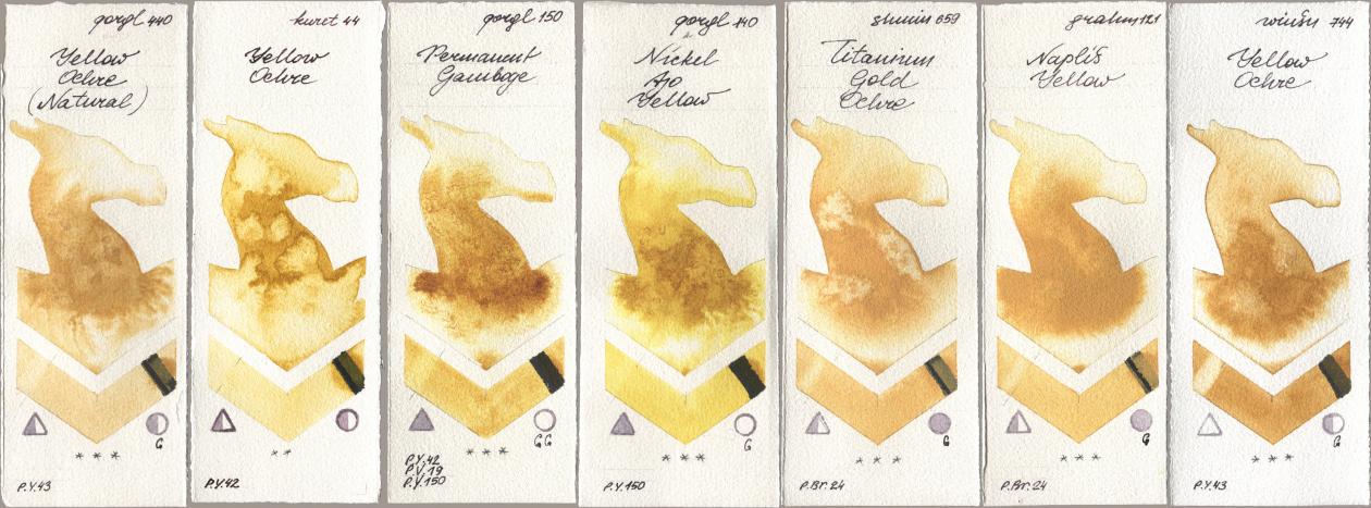 Golden QOR 440 Yellow Ochre (Natural), Kuretake Gansai Tambi 044 Yellow Ochre, 150 Permanent Gamboge, 140 Nickel Azo Yellow, Shminke Horadam Aquarell 659 Titanium Gold Ochre, M. Graham & Co. Artists 121 Naples Yellow, Winsor & Newton Professional 744 Yellow Och watercolor swatch