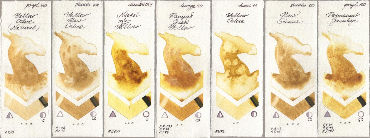 Golden QOR 440 Yellow Ochre (Natural), Shminke Horadam Aquarell 656 Yellow Raw Ochre, Daniel Smith 061 Nickel Azo Yellow, Holbein Artists Watercolor 511 Pampas Grass Yellow, Kuretake Gansai Tambi 044 Yellow Ochre, 660 Raw Sienna, 150 Permanent Gambo watercolor swatch