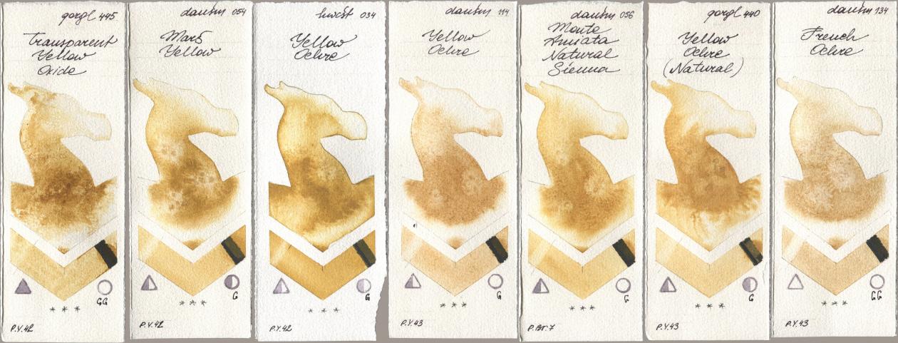 Golden QOR 445 Transparent Yellow Oxide, Daniel Smith 054 Mars Yellow, Holbein Artists Watercolor 034 Yellow Ochre, 114 Yellow Ochre, 056 Monte Amiata Natural Sienna, 440 Yellow Ochre (Natural), 134 French Och watercolor swatch