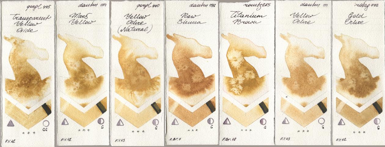 Golden QOR 445 Transparent Yellow Oxide, Daniel Smith 054 Mars Yellow, 440 Yellow Ochre (Natural), 096 Raw Sienna, Roman Szmal Aquarius 265 Titanium Brown, 114 Yellow Ochre, Rosa Gallery 772 Gold Och watercolor swatch