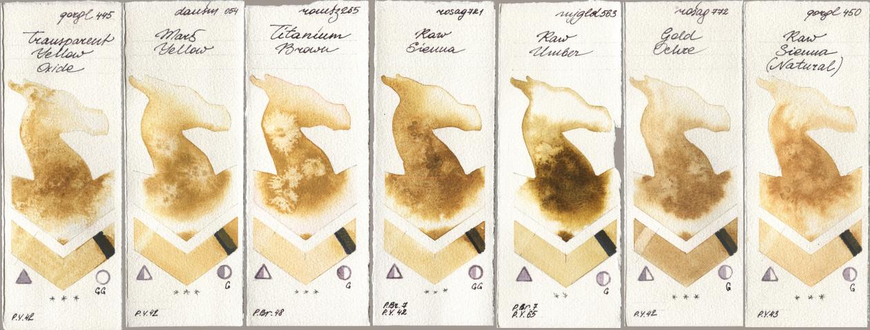 Golden QOR 445 Transparent Yellow Oxide, Daniel Smith 054 Mars Yellow, Roman Szmal Aquarius 265 Titanium Brown, Rosa Gallery 721 Raw Sienna, Mijello Mission Gold 563 Raw Umber, 772 Gold Ochre, 450 Raw Sienna (Natura watercolor swatch