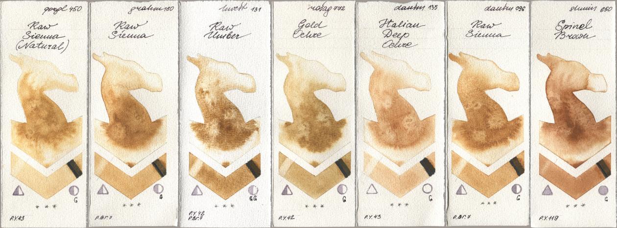 Golden QOR 450 Raw Sienna (Natural), M. Graham & Co. Artists 160 Raw Sienna, Holbein Artists Watercolor 131 Raw Umber, Rosa Gallery 772 Gold Ochre, Daniel Smith 135 Italian Deep Ochre, 096 Raw Sienna, Shminke Horadam Aquarell 650 Spinel Bro watercolor swatch