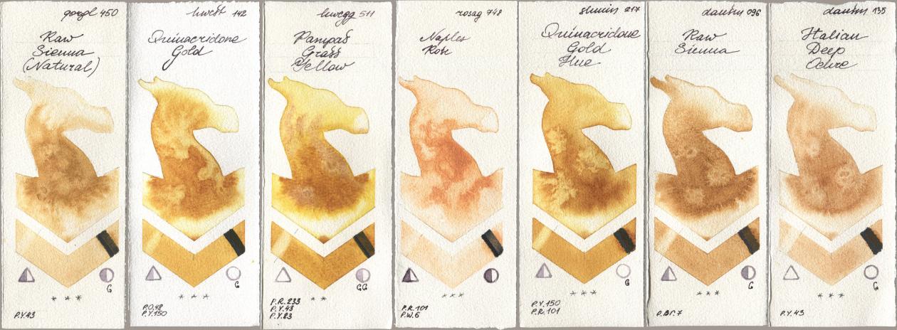 Golden QOR 450 Raw Sienna (Natural), Holbein Artists Watercolor 142 Quinacridone Gold, 511 Pampas Grass Yellow, Rosa Gallery 748 Naples Rose, Shminke Horadam Aquarell 217 Quinacridone Gold Hue, Daniel Smith 096 Raw Sienna, 135 Italian Deep Och watercolor swatch