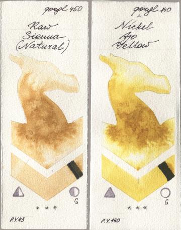 Golden QOR 450 Raw Sienna (Natural), 140 Nickel Azo Yell watercolor swatch