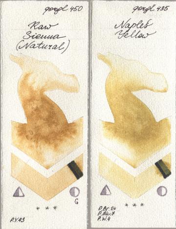 Golden QOR 450 Raw Sienna (Natural), 435 Naples Yell watercolor swatch