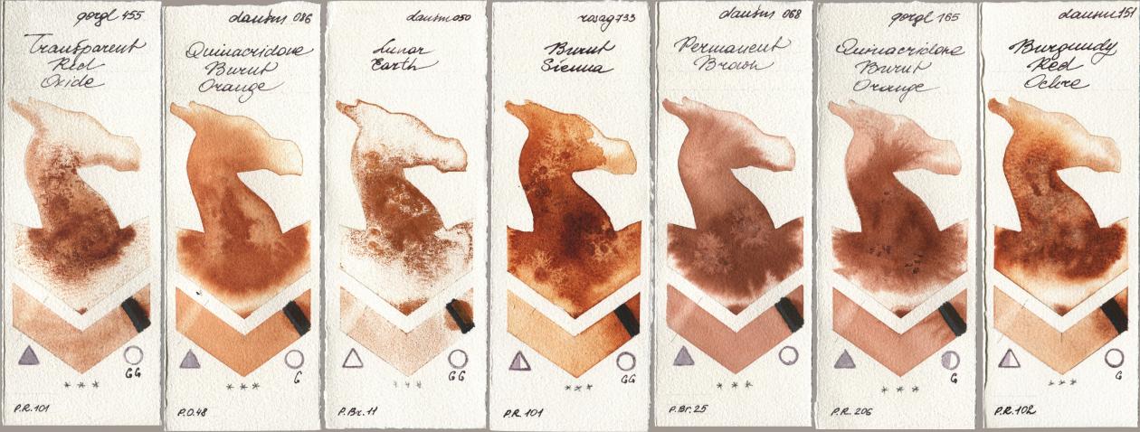 Golden QOR 455 Transparent Red Oxide, Daniel Smith 086 Quinacridone Burnt Orange, 050 Lunar Earth, Rosa Gallery 733 Burnt Sienna, 068 Permanent Brown, 165 Quinacridone Burnt Orange, 151 Burgundy Red Och watercolor swatch