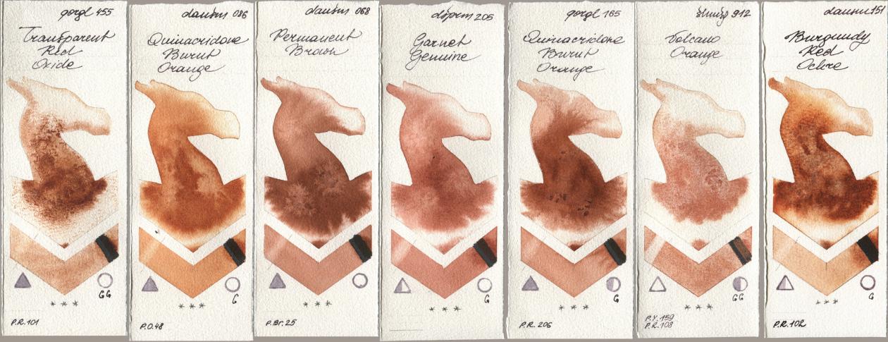 Golden QOR 455 Transparent Red Oxide, Daniel Smith 086 Quinacridone Burnt Orange, 068 Permanent Brown, 205 Garnet Genuine, 165 Quinacridone Burnt Orange, Shminke Horadam Aquarell 912 Volcano Orange, 151 Burgundy Red Och watercolor swatch