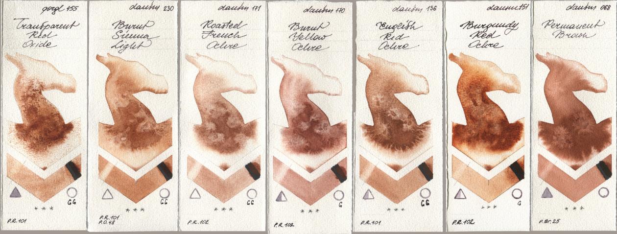 Golden QOR 455 Transparent Red Oxide, Daniel Smith 230 Burnt Sienna Light, 171 Roasted French Ochre, 170 Burnt Yellow Ochre, 136 English Red Ochre, 151 Burgundy Red Ochre, 068 Permanent Bro watercolor swatch
