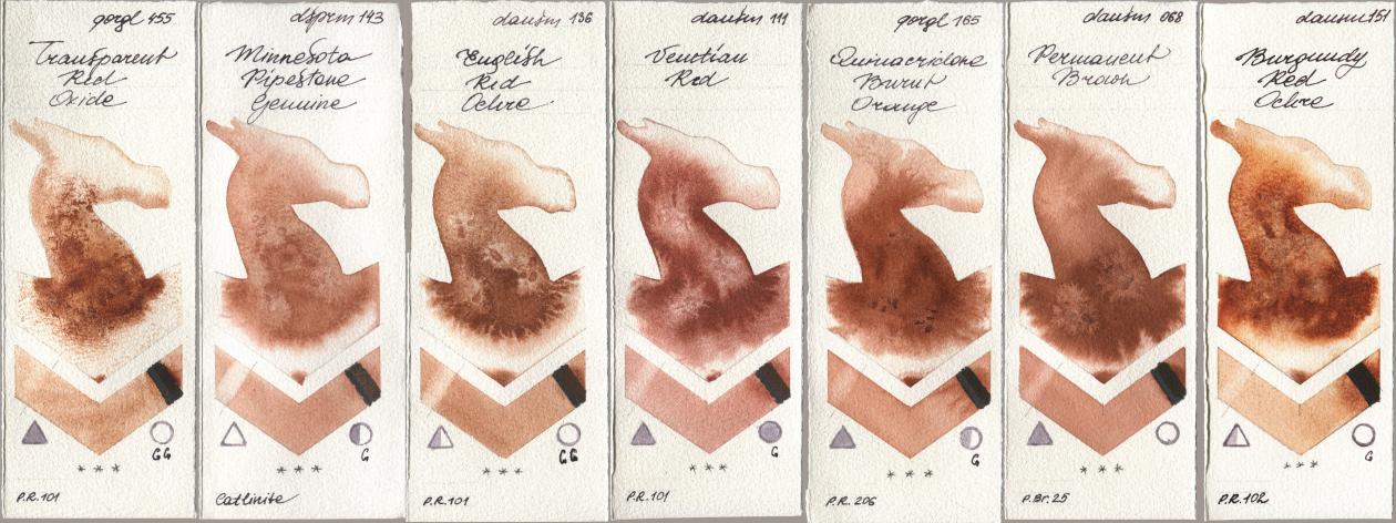 Golden QOR 455 Transparent Red Oxide, Daniel Smith 143 Minnesota Pipestone Genuine, 136 English Red Ochre, 111 Venetian Red, 165 Quinacridone Burnt Orange, 068 Permanent Brown, 151 Burgundy Red Och watercolor swatch