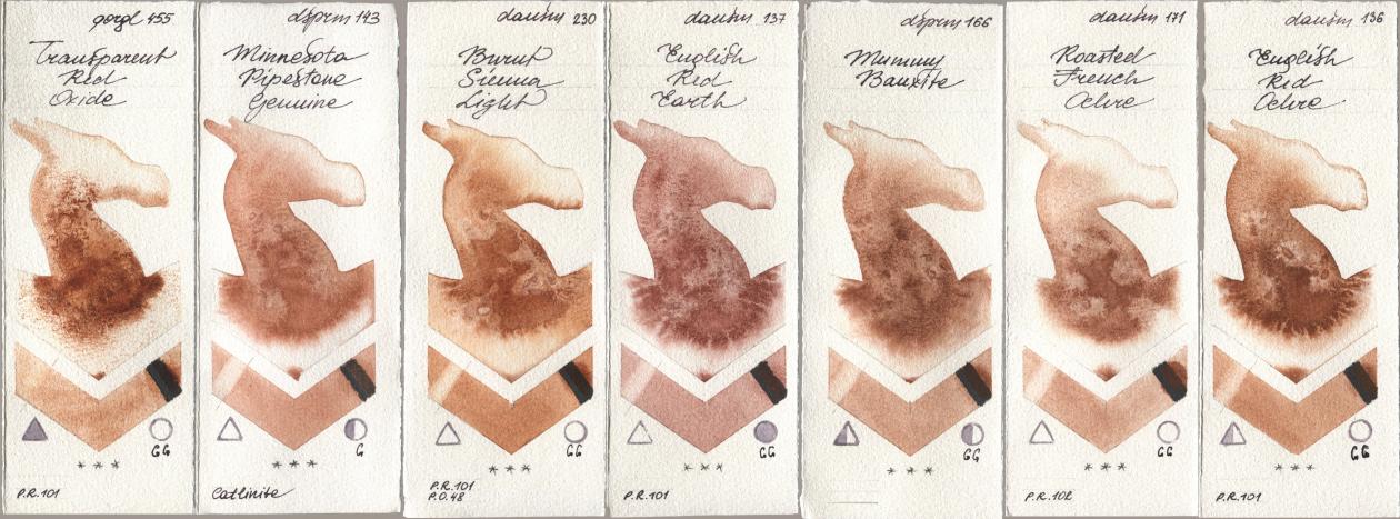 Golden QOR 455 Transparent Red Oxide, Daniel Smith 143 Minnesota Pipestone Genuine, 230 Burnt Sienna Light, 137 English Red Earth, 166 Mummy Bauxite, 171 Roasted French Ochre, 136 English Red Och watercolor swatch
