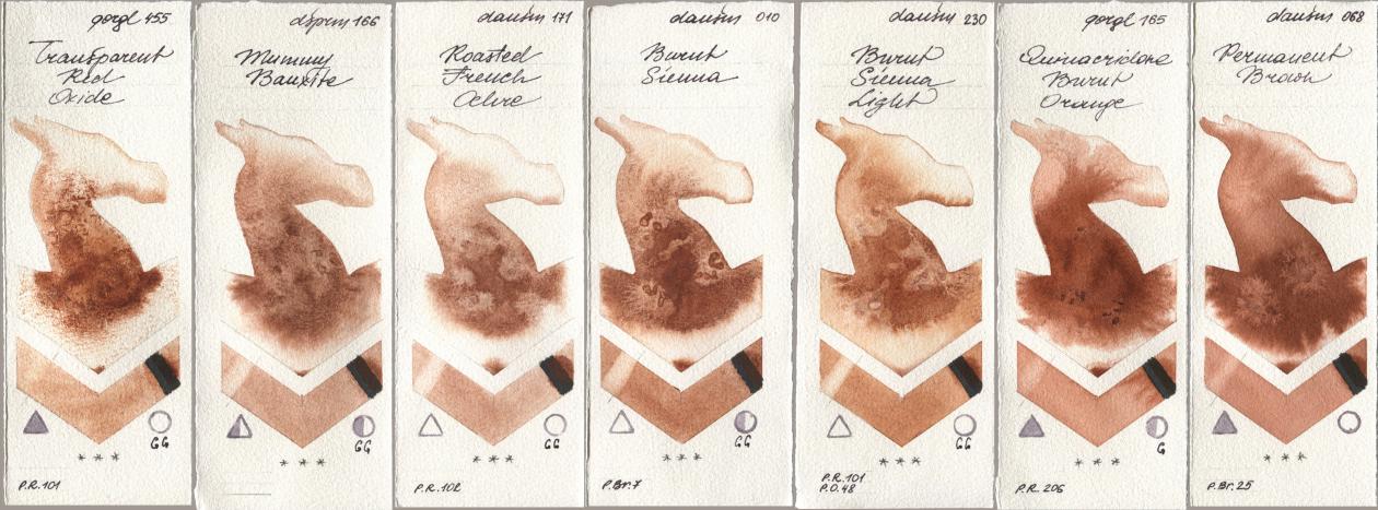 Golden QOR 455 Transparent Red Oxide, Daniel Smith 166 Mummy Bauxite, 171 Roasted French Ochre, 010 Burnt Sienna, 230 Burnt Sienna Light, 165 Quinacridone Burnt Orange, 068 Permanent Bro watercolor swatch
