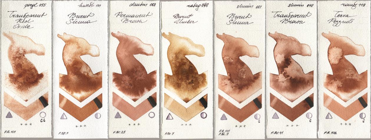 Golden QOR 455 Transparent Red Oxide, Holbein Artists Watercolor 134 Burnt Sienna, Daniel Smith 068 Permanent Brown, Rosa Gallery 746 Burnt Umber, Shminke Horadam Aquarell 661 Burnt Sienna, 648 Transparent Brown, Roman Szmal Aquarius 119 Terra Pozzuo watercolor swatch