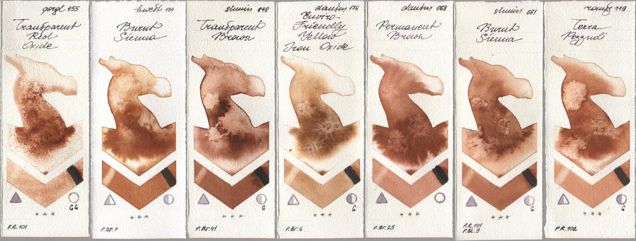 Golden QOR 455 Transparent Red Oxide, Holbein Artists Watercolor 134 Burnt Sienna, Shminke Horadam Aquarell 648 Transparent Brown, Daniel Smith 176 Enviro-Friendly Yellow Iron Oxide, 068 Permanent Brown, 661 Burnt Sienna, Roman Szmal Aquarius 119 Terra Pozzuo watercolor swatch