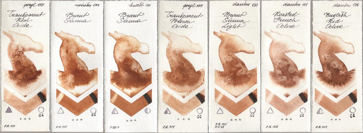 Golden QOR 455 Transparent Red Oxide, Winsor & Newton Professional 074 Burnt Sienna, Holbein Artists Watercolor 134 Burnt Sienna, 475 Transparent Brown Oxide, Daniel Smith 230 Burnt Sienna Light, 171 Roasted French Ochre, 136 English Red Och watercolor swatch