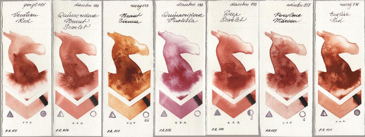 Golden QOR 465 Venetian Red, Daniel Smith 087 Quinacridone Burnt Scarlet, Rosa Gallery 733 Burnt Sienna, 132 Quinacridone Fuchsia, 033 Deep Scarlet, Winsor & Newton Professional 507 Perylene Maroon, 736 English R watercolor swatch