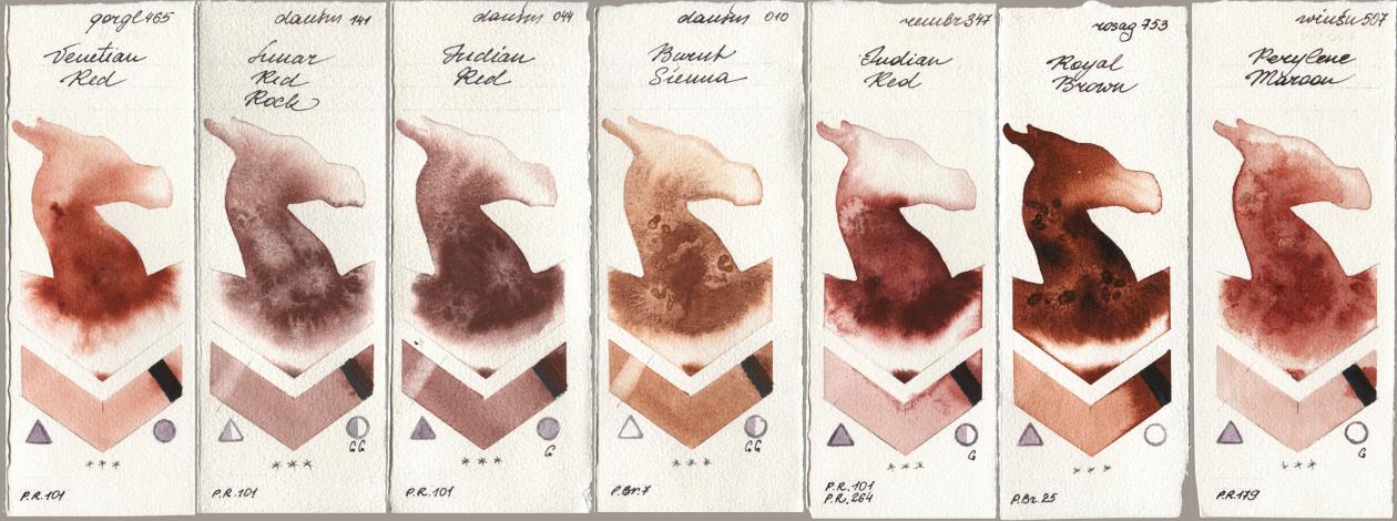 Golden QOR 465 Venetian Red, Daniel Smith 141 Lunar Red Rock, 044 Indian Red, 010 Burnt Sienna, Royal Talens Rembrandt Watercolour 347 Indian Red, Rosa Gallery 753 Royal Brown, Winsor & Newton Professional 507 Perylene Maro watercolor swatch