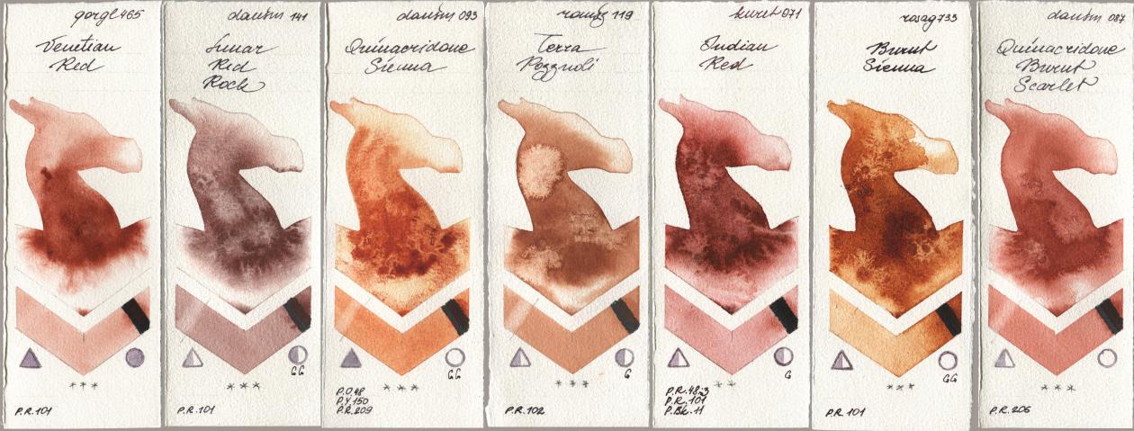 Golden QOR 465 Venetian Red, Daniel Smith 141 Lunar Red Rock, 093 Quinacridone Sienna, Roman Szmal Aquarius 119 Terra Pozzuoli, Kuretake Gansai Tambi 071 Indian Red, Rosa Gallery 733 Burnt Sienna, 087 Quinacridone Burnt Scarl watercolor swatch