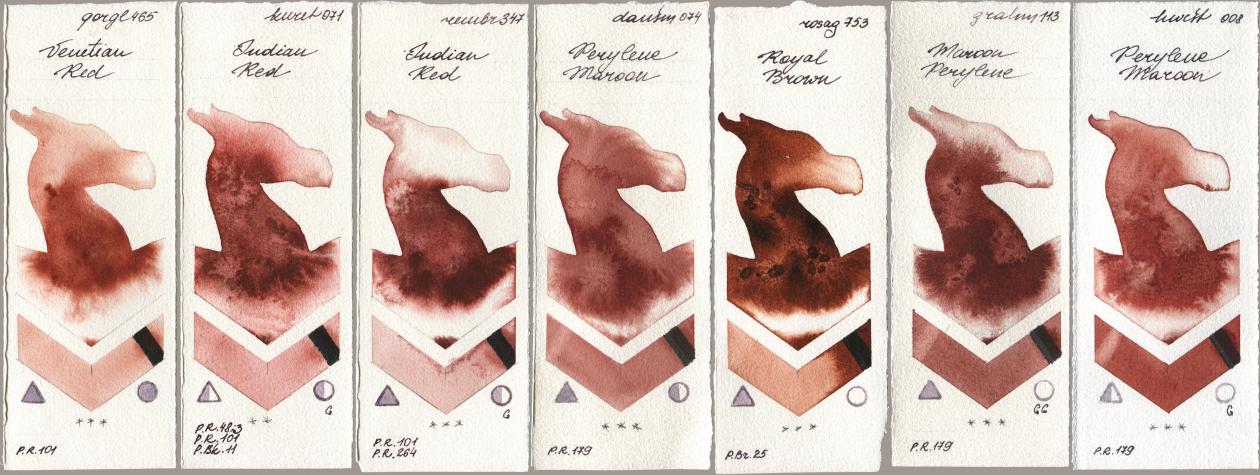 Golden QOR 465 Venetian Red, Kuretake Gansai Tambi 071 Indian Red, Royal Talens Rembrandt Watercolour 347 Indian Red, Daniel Smith 074 Perylene Maroon, Rosa Gallery 753 Royal Brown, M. Graham & Co. Artists 113 Maroon Perylene, Holbein Artists Watercolor 008 Perylene Maro watercolor swatch