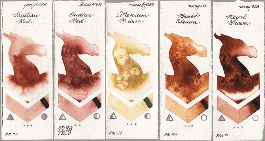 Golden QOR 465 Venetian Red vs Kuretake Gansai Tambi 071 Indian Red vs Roman Szmal Aquarius 265 Titanium Brown vs Rosa Gallery 733 Burnt Sienna vs 753 Royal Brown watercolor swatch