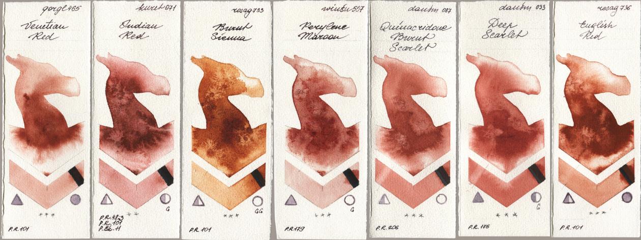 Golden QOR 465 Venetian Red, Kuretake Gansai Tambi 071 Indian Red, Rosa Gallery 733 Burnt Sienna, Winsor & Newton Professional 507 Perylene Maroon, Daniel Smith 087 Quinacridone Burnt Scarlet, 033 Deep Scarlet, 736 English R watercolor swatch