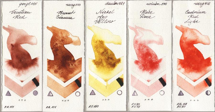 Golden QOR 465 Venetian Red vs Rosa Gallery 733 Burnt Sienna vs Daniel Smith 061 Nickel Azo Yellow vs Winsor & Newton Professional 576 Rose Dore vs 706 Cadmium Red Light watercolor swatch