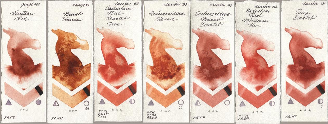 Golden QOR 465 Venetian Red, Rosa Gallery 733 Burnt Sienna, Daniel Smith 219 Cadmium Red Scarlet Hue, 093 Quinacridone Sienna, 087 Quinacridone Burnt Scarlet, 222 Cadmium Red Medium Hue, 033 Deep Scarl watercolor swatch