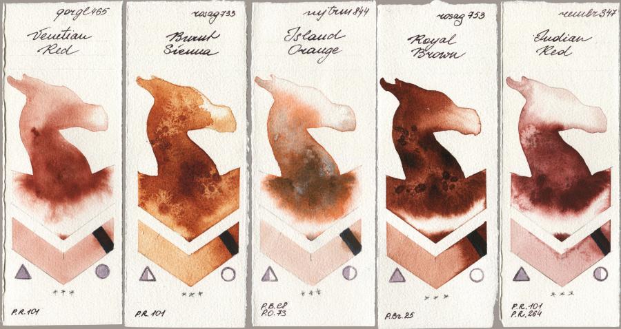 Golden QOR 465 Venetian Red vs Rosa Gallery 733 Burnt Sienna vs Mijello Mission Gold 844 Island Orange vs 753 Royal Brown vs Royal Talens Rembrandt Watercolour 347 Indian Red watercolor swatch