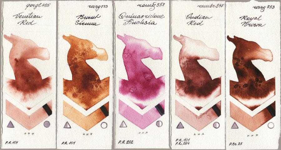 Golden QOR 465 Venetian Red vs Rosa Gallery 733 Burnt Sienna vs Roman Szmal Aquarius 358 Quinacridone Fuchsia vs Royal Talens Rembrandt Watercolour 347 Indian Red vs 753 Royal Brown watercolor swatch