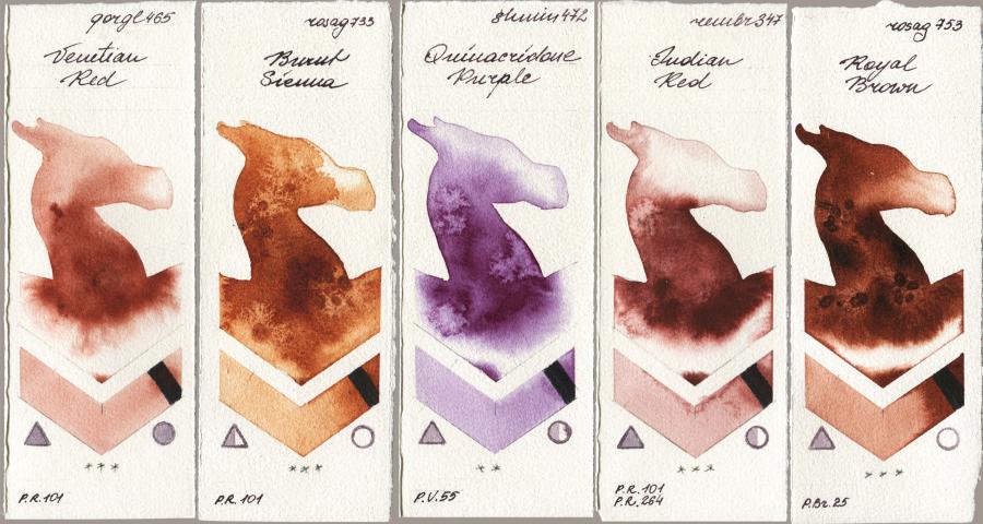 Golden QOR 465 Venetian Red vs Rosa Gallery 733 Burnt Sienna vs Shminke Horadam Aquarell 472 Quinacridone Purple vs Royal Talens Rembrandt Watercolour 347 Indian Red vs 753 Royal Brown watercolor swatch