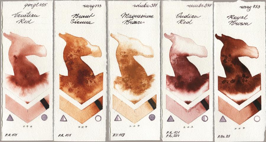 Golden QOR 465 Venetian Red vs Rosa Gallery 733 Burnt Sienna vs Winsor & Newton Professional 381 Magnesuim Brown vs Royal Talens Rembrandt Watercolour 347 Indian Red vs 753 Royal Brown watercolor swatch