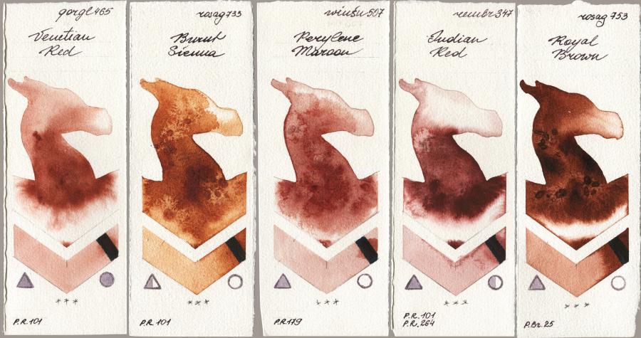 Golden QOR 465 Venetian Red vs Rosa Gallery 733 Burnt Sienna vs Winsor & Newton Professional 507 Perylene Maroon vs Royal Talens Rembrandt Watercolour 347 Indian Red vs 753 Royal Brown watercolor swatch