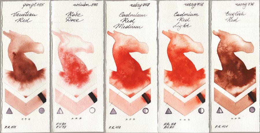 Golden QOR 465 Venetian Red vs Winsor & Newton Professional 576 Rose Dore vs Rosa Gallery 707 Cadmium Red Medium vs 706 Cadmium Red Light vs 736 English Red watercolor swatch